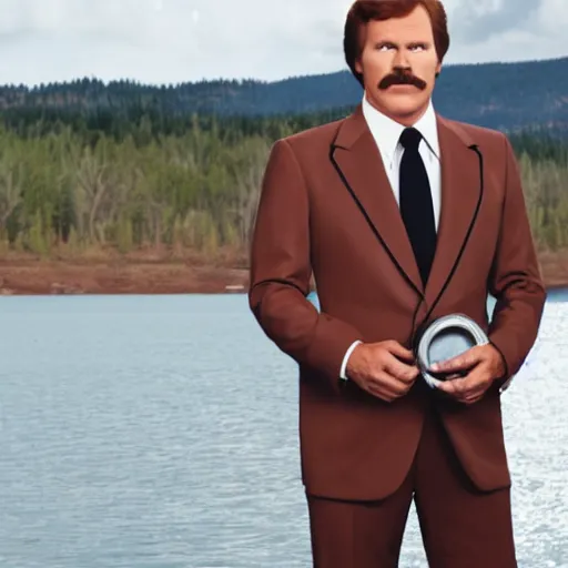 Prompt: Ron Burgundy standing near a lake with Champ Kind