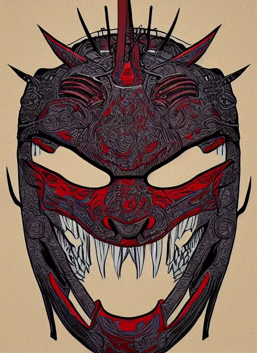 Prompt: Demon Samurai Mask, in the style of Sam Guay and James Jean, extremly detailed, flat illustration, trending on artstation