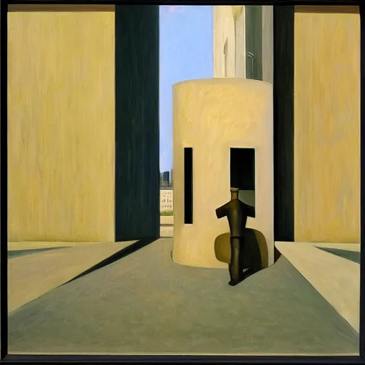 Image similar to first person view of a stark concrete maze, people peering into portholes, grant wood, pj crook, edward hopper, oil on canvas