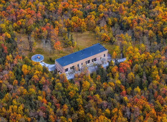 Image similar to low drone shot of a ranch style Juvenile Detention Center middle of the Woods during autumn