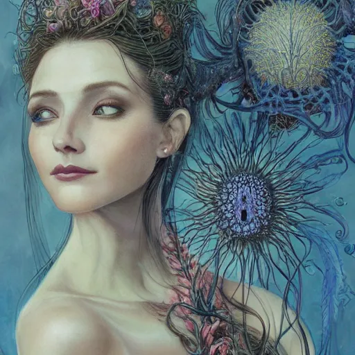 Prompt: facial portrait of a young pretty woman in flowing dress, arrogant, mysterious, long fine flowing hair, delicate, looking at camera, slightly awkward smile, realistic face, hands behind back, stylish, elegant, grimdark fantasy, flowers, extremely detailed painting inspired by Gerald Brom and Ernst Haeckel and Kaluta