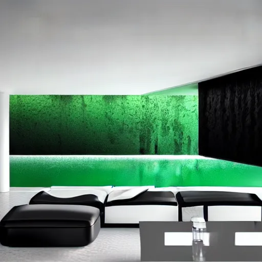 Prompt: a black and white photo of a room with green water, a detailed matte painting by peter zumthor, behance, abstract art, matte painting, behance hd, matte background