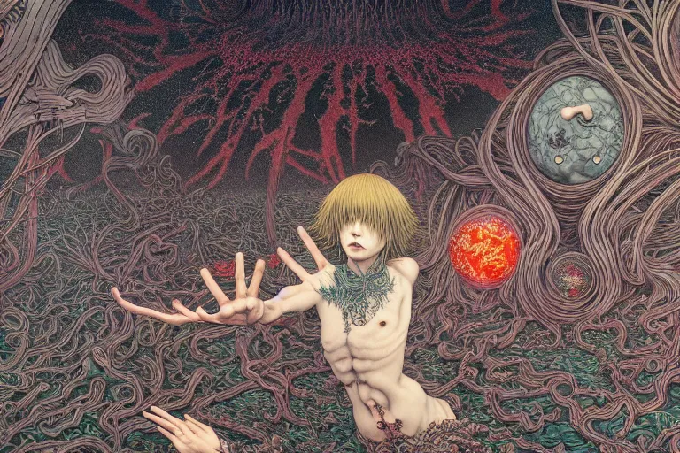 Image similar to realistic detailed image of the apocalypse, conjuring psychedelic background, part by takato yamamoto, part by alex gray, ross tran, james jean, ultra realistic, octane render, highly detailed, 8 k, trending on artstation, cosmic, symmetry, masterpiece