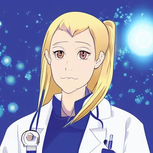 Image similar to A beautiful blonde female scientist, wearing a lab coat, in the style of anime, digital art