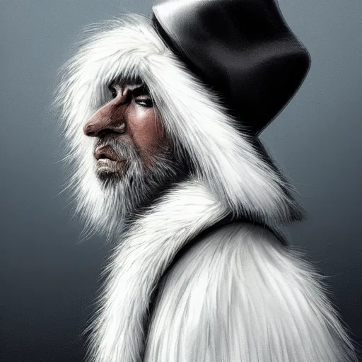 Image similar to portrait of a cartoon white panter with a very long fur and silver hat, fantasy, trending on artstation, heroic pose, illustration, highly detailed, simple, 8k