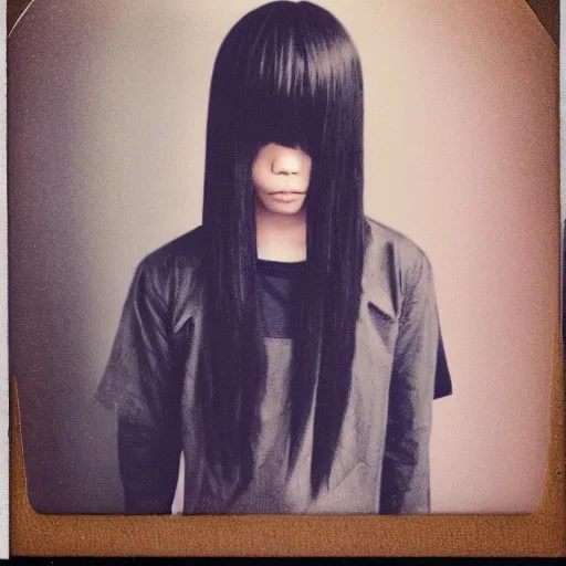 Prompt: aesthetic upper body polaroid photograph of emo japanese girl, long hair and fringe