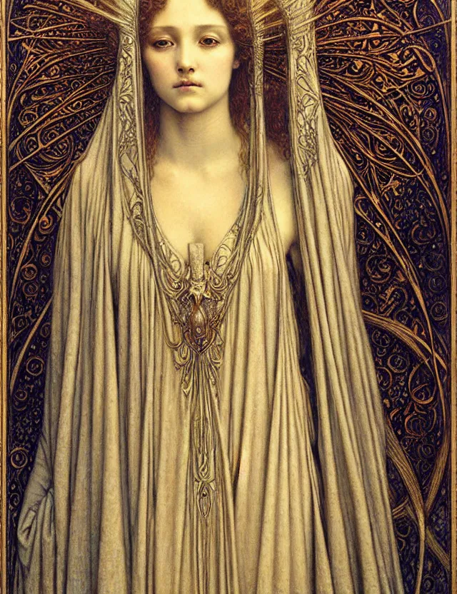 Image similar to detailed realistic beautiful young medieval queen face portrait by jean delville, gustave dore and marco mazzoni, art nouveau, symbolist, visionary, gothic, pre - raphaelite. horizontal symmetry