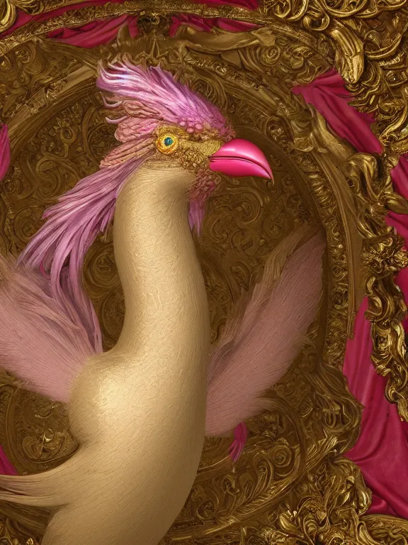 Image similar to a beautiful render of an exotic pale lilac feathered and metallic gold bird with red jewel eyes, surrounded by an elaborate decorative plaster arabesque rococo motif, by Raphael and Antoine Watteau, zbrush, redshift render, 8k, hyperreal