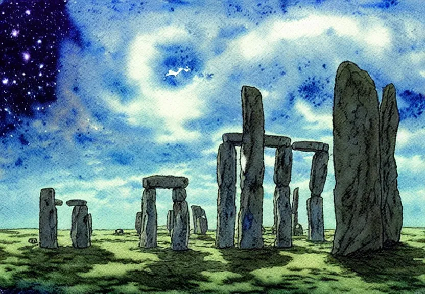Prompt: a simple watercolor studio ghibli movie still fantasy concept art of stonehenge at the bottom of the ocean. a giant grey cube is floating in the air. it is a misty starry night. by rebecca guay, michael kaluta, charles vess