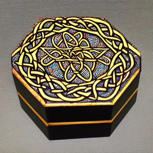 Image similar to ornate psychedelic twisting three dimensional celtic pattern vortex inside a hexagonal box, intricate detail, complex