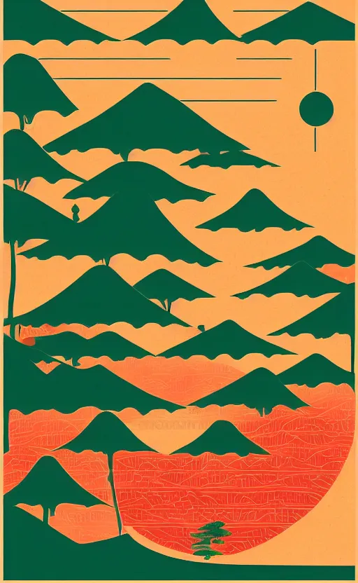 Image similar to hanafuda, an aperture to a lake in a forest of japanese pines, a big red sun in the background, front game card, vector line art, trending on behance, concept art, stunning, matte