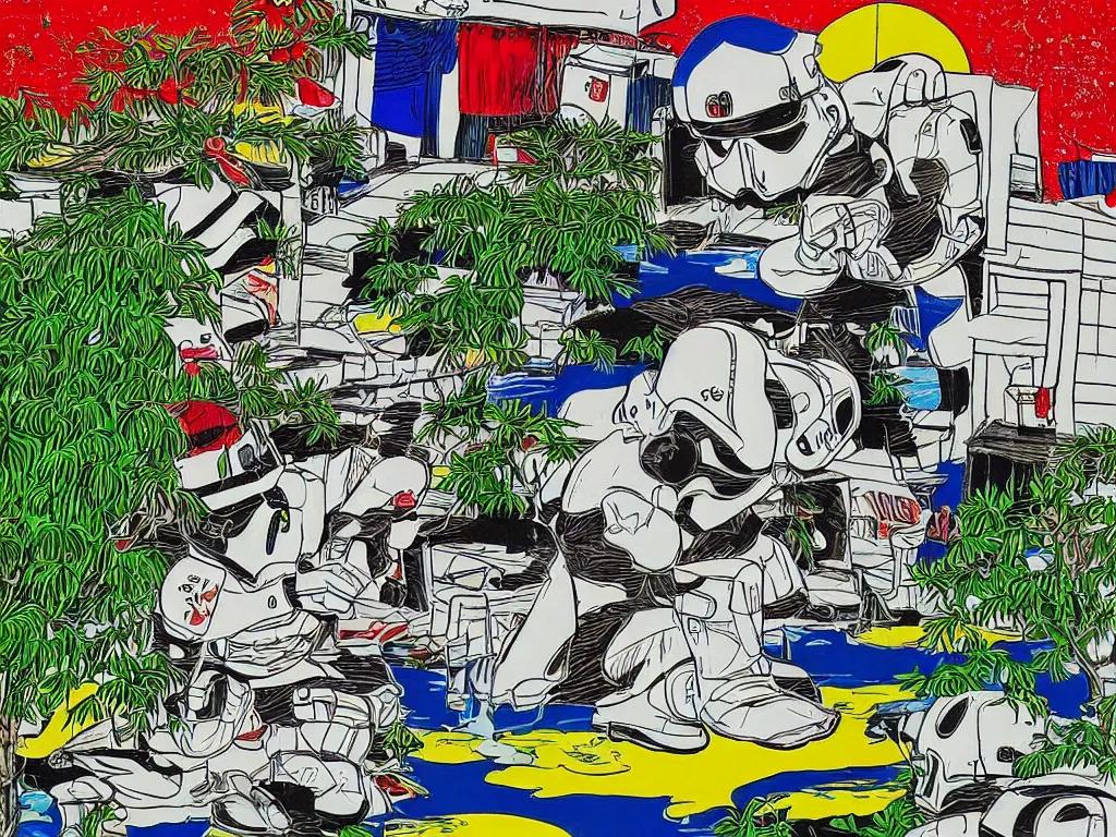 Image similar to detailed close - up image of the japanese home with a garden and a pond, 2 stormtroopers sitting around it, pop - art style, jacky tsai style, andy warhol style, roy lichtenstein style, rich palette, acrylic on canvas