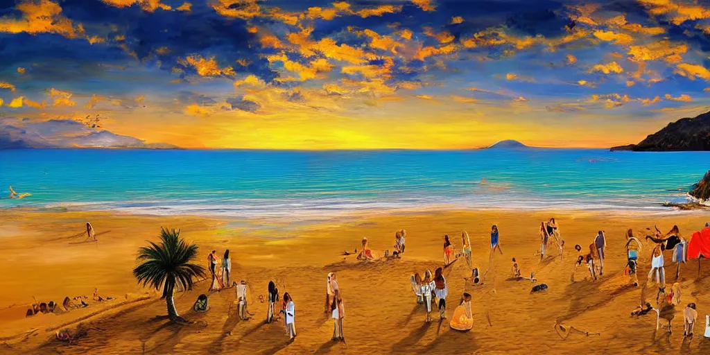 Prompt: People in beach, beach is between the two valleys, by Salvador Dali and Bob Ross collaboration, sun set, digital art, high details, drone wide shot