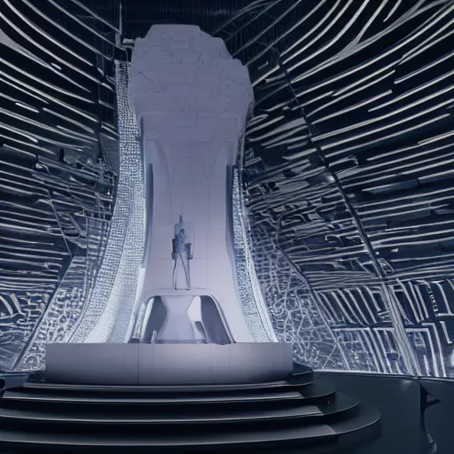 Image similar to a futuristic highly detailed temple to artificial intelligence designed by zaha hadid, humans pointing at a statue of an ai cyborg resembling athena, glowing lights, immersive experience, panoramic view, unreal engine