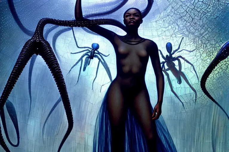 Image similar to realistic detailed portrait movie shot of a beautiful black woman in a transparent sheer suit raincoat dancing with a giant spider, futuristic sci fi landscape background by denis villeneuve, jean delville, monia merlo, ernst haeckel, alphonse mucha, max ernst, caravaggio, roger dean, sci fi necklace, masterpiece, dreamy, rich moody colours