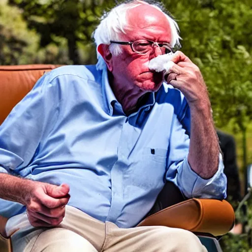 Image similar to bernie sanders in a lounge chair smoking a joint, detailled, realistic, hd, 8 k, art, cinematic lighting