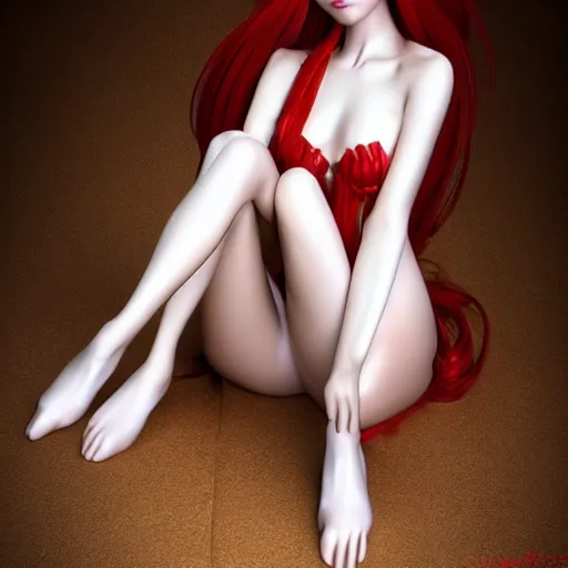 Image similar to gorgeous redhead gynoid posing flirty sitting, photorealistic, highly detailed,