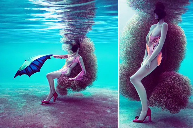 Image similar to fashion editorial photography in an underwater world inspired by jean giraud moebius