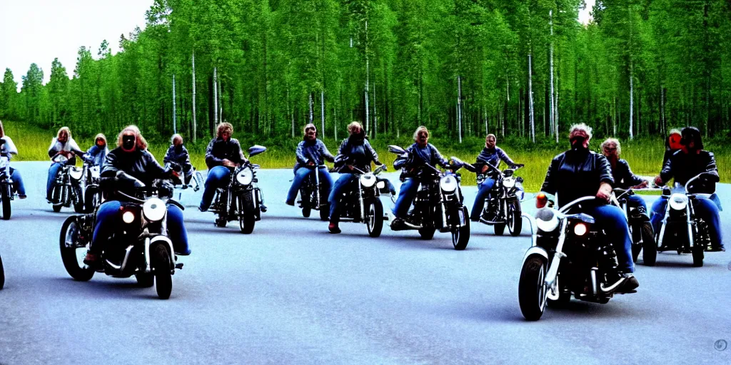 Image similar to motorcycle gang riding in finland, summer, moebius style