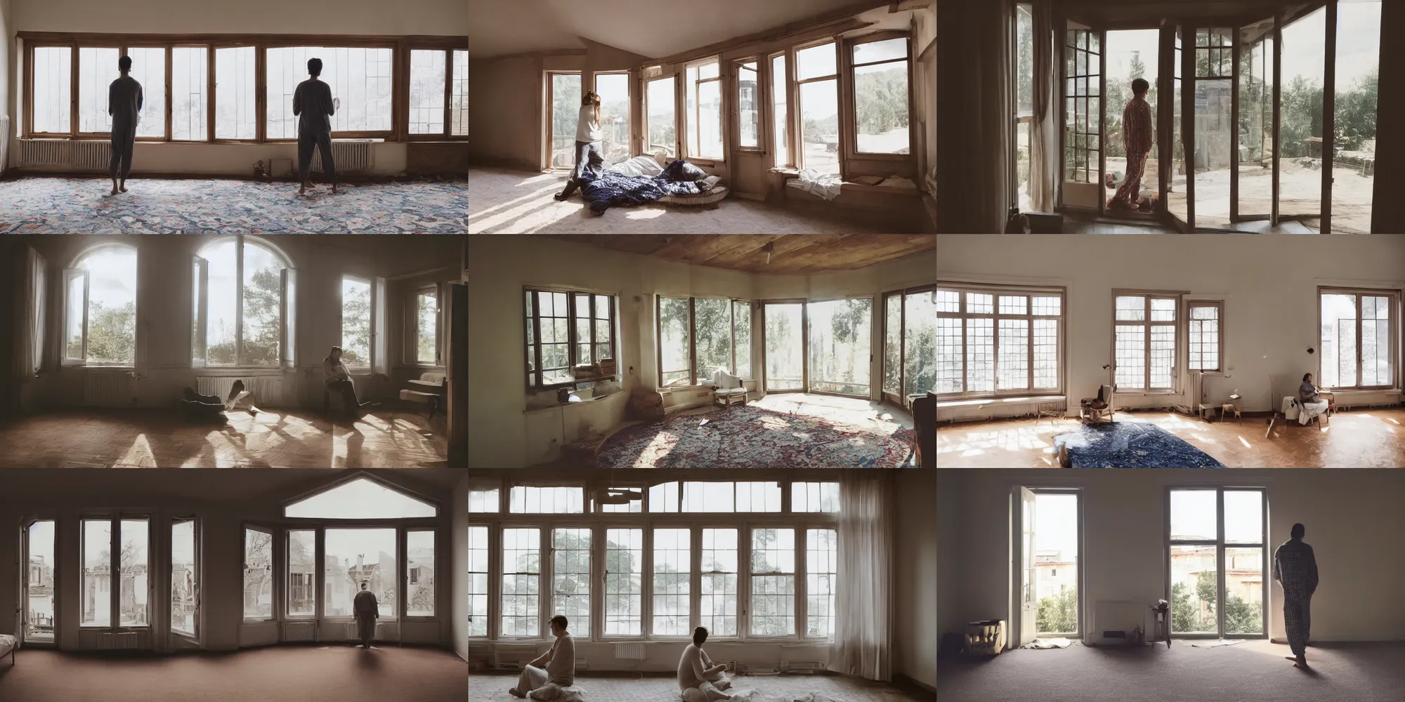 Prompt: person in pyjamas standing near window, turned back to camera, cinematographic, sun rays, daylight, big french door window, windowsill, walls to the left and right, carpet at the floor, furnished room, window at the center, wooden floor, modern, photorealistic, high ceiling