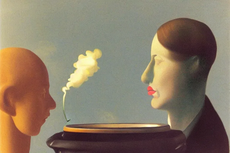 Image similar to a lit joint lying in an ashtray, slow, smoke in the shape of a woman's face, surreal, magritte