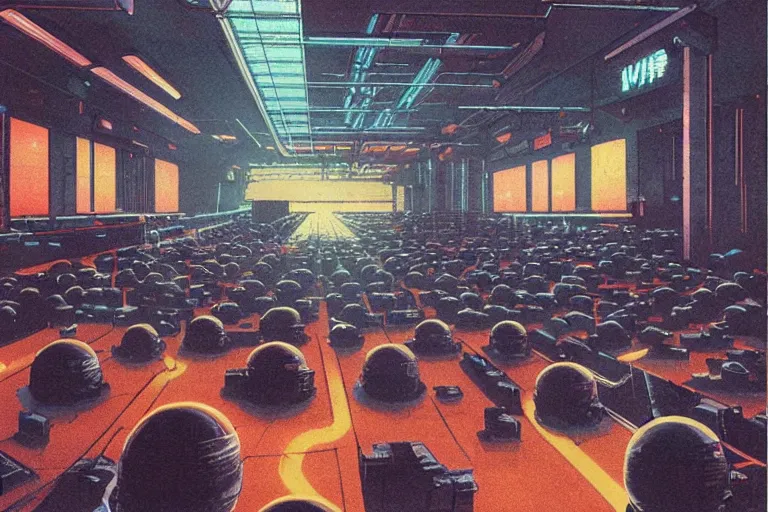 Prompt: a 1979 cover of OMNI magazine depicting an empty warehouse with VR headsets displayed from the ceiling. Neo-Tokyo. Cyberpunk style art by Vincent Di Fate.