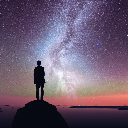 Image similar to 4K Epic Ultra HD detailed award-winning wallpaper silhouette of lonely man standing on rock looking at huge vast sky universe Milky Way aurora