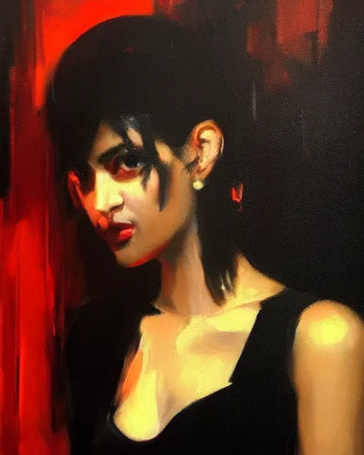 Image similar to beautiful portrait painting an gorgeous delhi girl wearing a little black dress at a nightclub, red lighting, oil painting, art by ruan jia