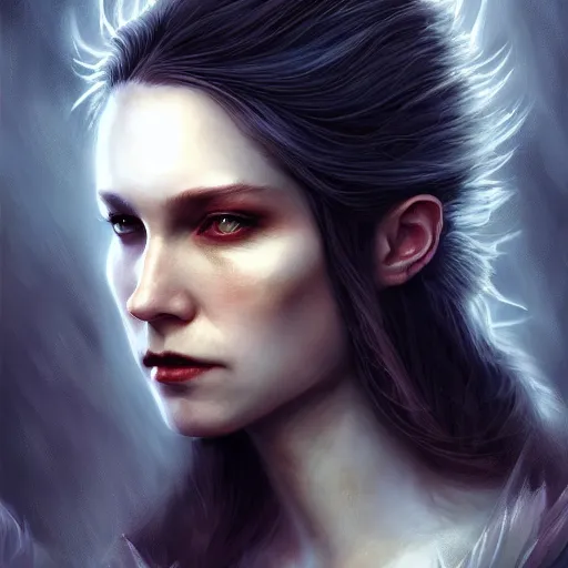 Image similar to Majestic and regal portrait of a female vampire, intricate, epic, elegant, menacing, fantasy, highly detailed, digital painting, hard focus, beautiful volumetric lighting, epic light, ultra detailed, by Leesha Hannigan, Ross Tran, Thierry Doizon, Kai Carpenter, Ignacio Fernández Ríos