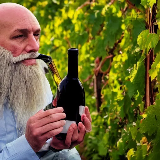 Prompt: Old bald man, with an orange beard, drinking a bottle of wine, Lonely