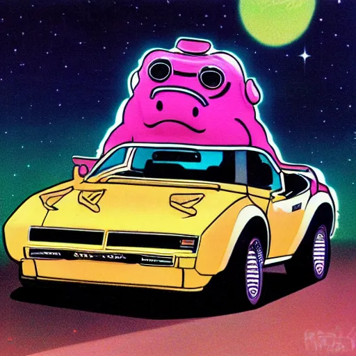 Image similar to a tardigrade driving a trans am, 1 9 8 3, miami, nighttime, synthwave, detailed,