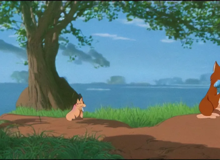 Image similar to sunningrocks by the river's shore, still frame from the fox and the hound ( 1 9 8 1 )