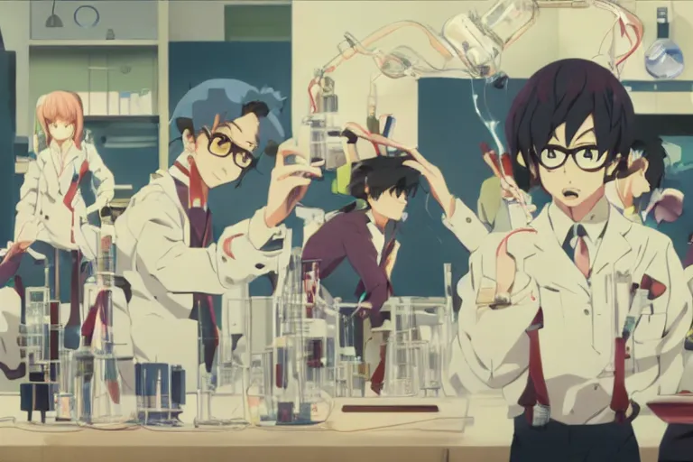 Image similar to anime still of reckless!!! whimsical! trippy scientists in a lab inventing, presentation, scattered tables overloaded with doomsday devices and beakers and test tubes, by makoto shinkai yoshinari yoh ilya kuvshinov