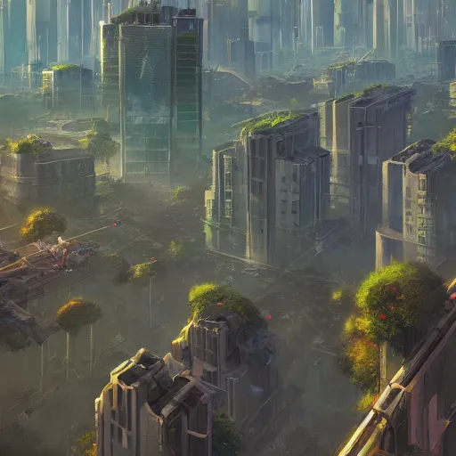 Image similar to A futuristic Tokyo solarpunk scientific overgrown metropolis on a sunny day, solar panels, art by Andreas Rocha and greg rutkowski, highly detailed, digital painting, matte painting, concept art, illustration, warm lighting, trending on artstation, very detailed