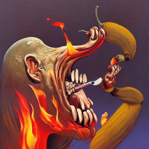 Prompt: an expressive painting of a monkey eating a burning banana on the moon in the style of Zdislaw Beksinski
