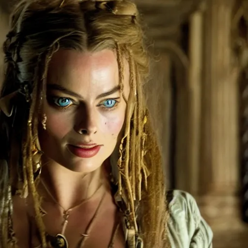 Prompt: stunning awe inspiring margot robbie as a pirate in pirates of the caribbean, movie still 8 k hdr atmospheric lighting