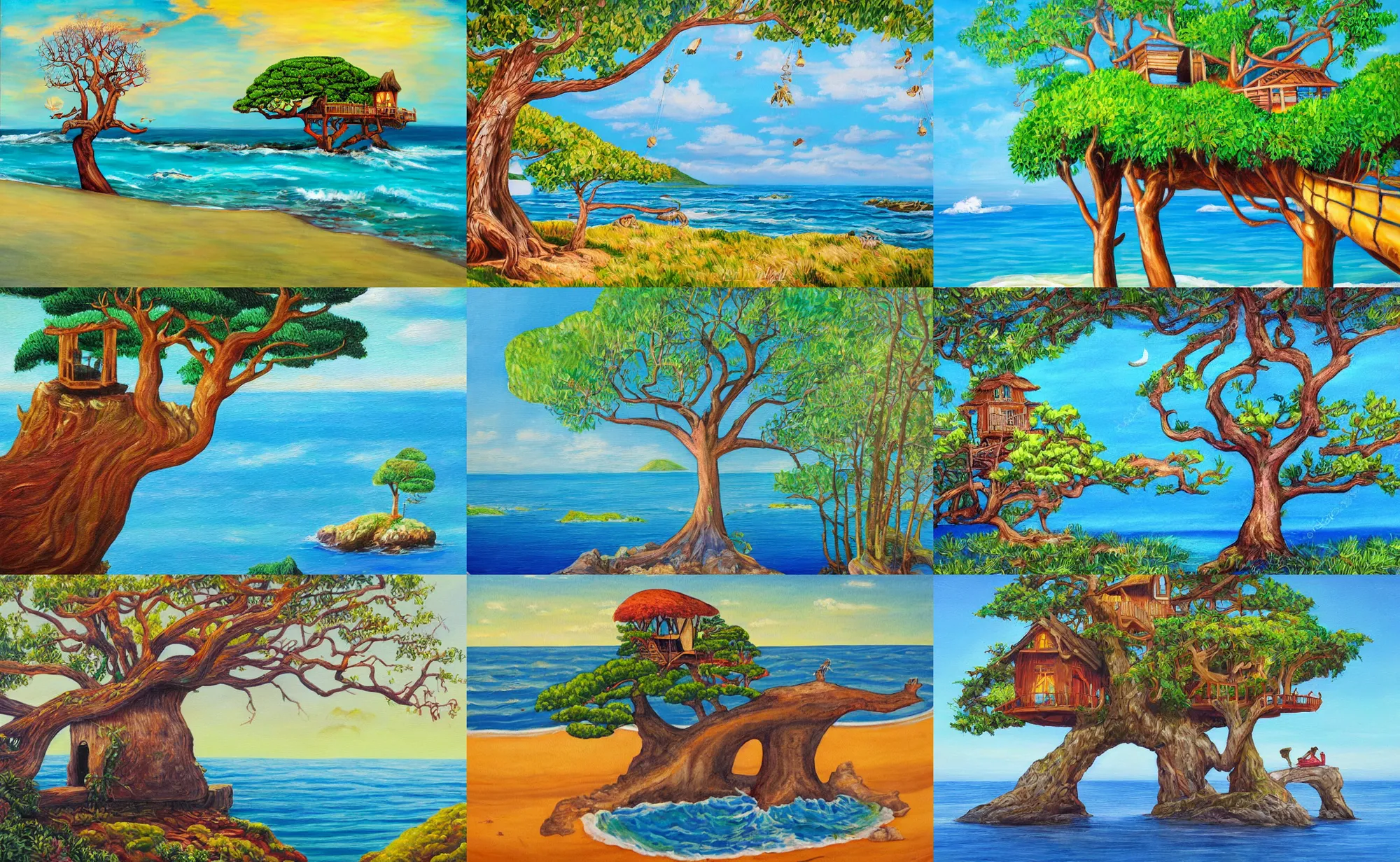 Prompt: figurativism painting of a mystical island treehouse on the ocean