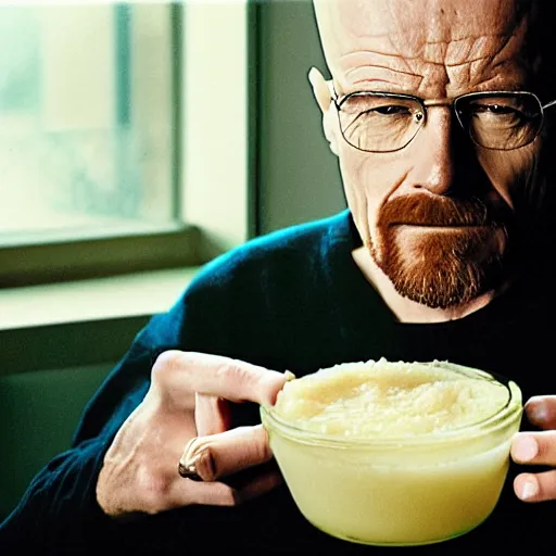 Prompt: walter white eating applesauce, photography,