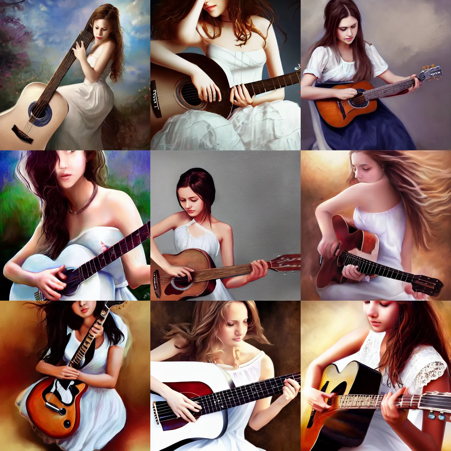 Prompt: a beautiful girl with white dress playing the guitar, realistic painting, high definition, digital art, matte painting, very detailed, realistic