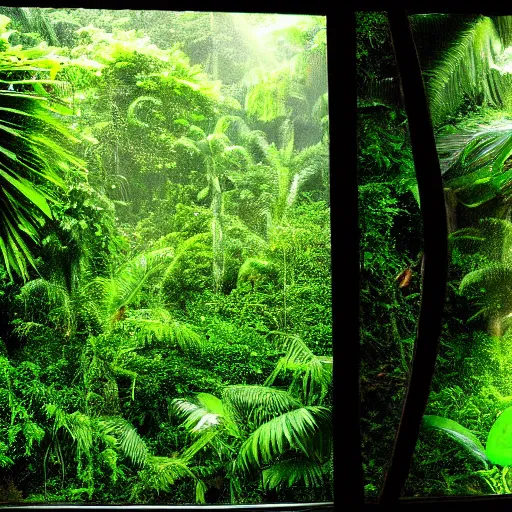 Image similar to A dslr picture with flash on of a window from in 2007, tropical rainforest outside