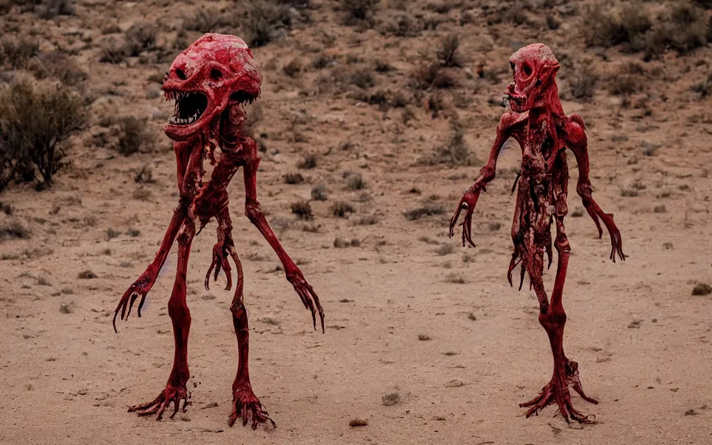 Image similar to in the desert a bloody gross horrifying The Thing creature made of muscle and bone and blood stares at the camera, eating, it walks on two legs, mid day, 35mm photography, realistic,