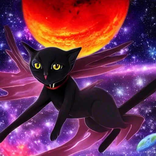 Prompt: ultrarealistic black cat, standing on a planet, anime evangelion angels behind, galaxies background