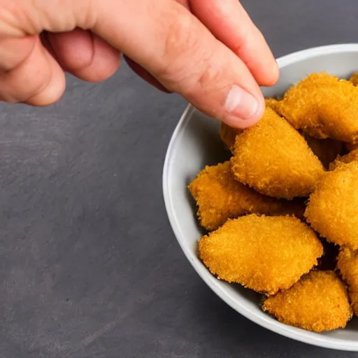 Image similar to rotten human hand picking up a moldy chicken nugget in a bowl of regular chicken nuggets, hd, 4k image