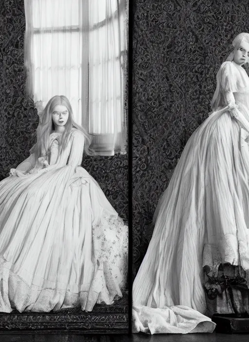 Prompt: Elle Fanning for Victorian Secret, full length shot, XF IQ4, 150MP, 50mm, f/1.4, ISO 200, 1/160s, natural light, Adobe Photoshop, Adobe Lightroom, DxO Photolab, Corel PaintShop Pro, rule of thirds, symmetrical balance, depth layering, polarizing filter, Sense of Depth, AI enhanced