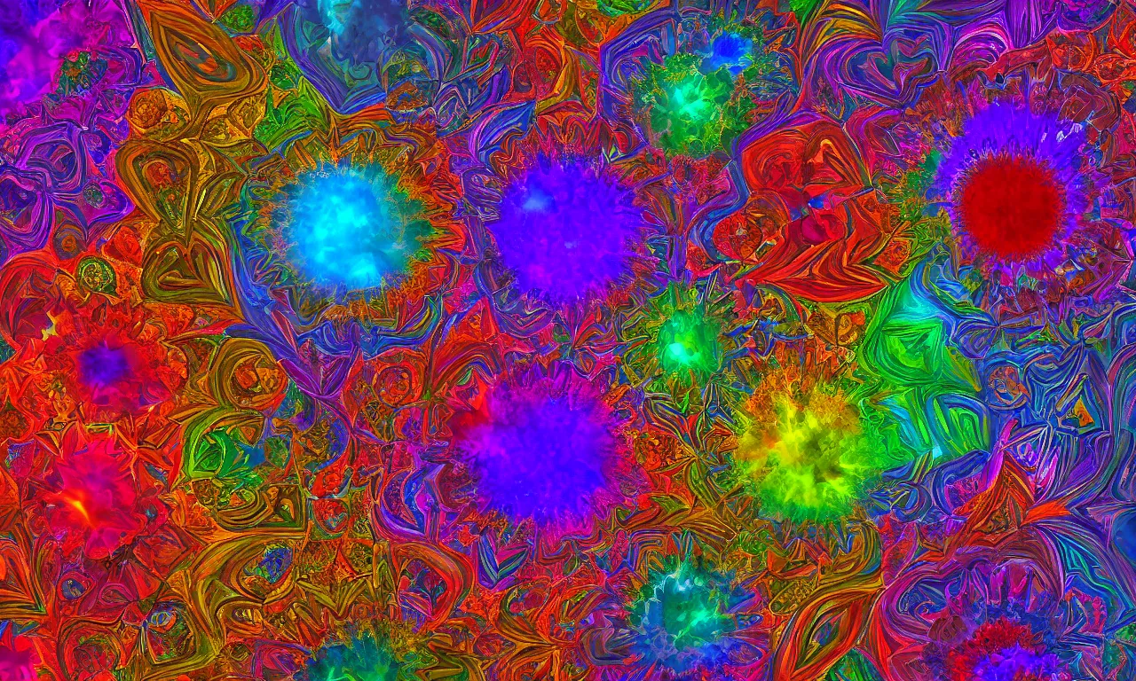 Image similar to acrylics blob voronoi engine laboratory 3 d volume kaleidoscope mandala fractal chakra digital multicolor stylized concept substance liquid nebula stone, a spectacular view cinematic rays of sunlight comic book illustration, by john kirby radiating a glowing aura global illumination ray tracing hdr depth fog overlay multiply photoshop layer