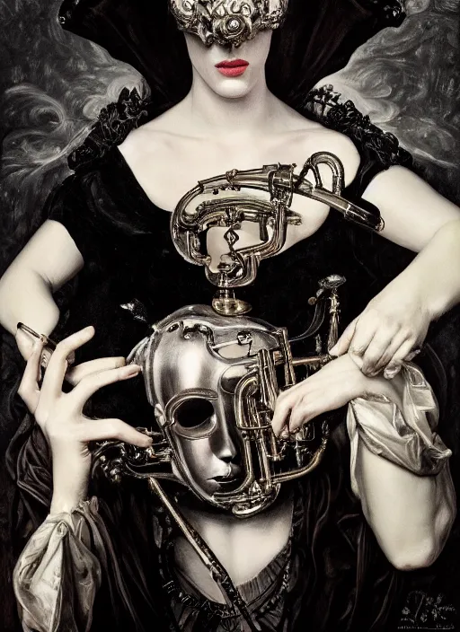 Image similar to highly detailed oil painting | very intricate | cinematic lighting | black and white, black background | the trumpet mask by alexander mcqueen | by roberto ferri, by leng jun, by j. c. leyendecker and klimt, american romanticism, by austin osman spare, artstation, cgsociety, official art, octane