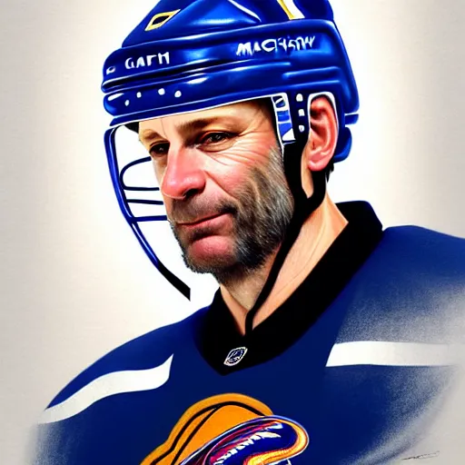 Image similar to beautiful portrait of hockey coach Clint Malarchuk, fantasy, intricate, elegant, highly detailed, digital painting, artstation, concept art, smooth, sharp focus, luxury fashion illustration, art by artgerm and greg rutkowski and alphonse mucha, brightly lit cinematic soft lighting, photorealistic