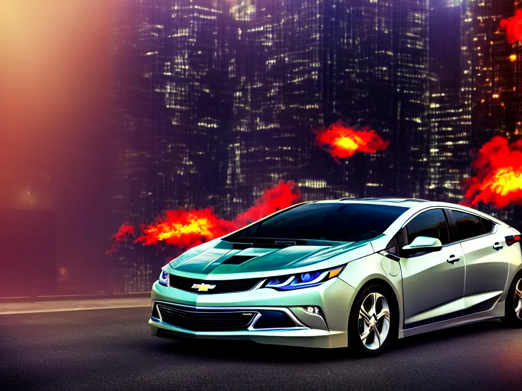 Image similar to chevy volt close up with a city street background, smoke, fi, chrome, shiny, reflective, metallic, 3 d, render, realistic, hdr, stan winston studios, dramatic lighting, flame colors bright