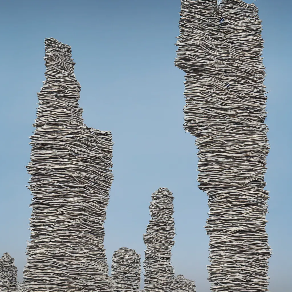 Prompt: intertwined high towers made up of stacked makeshift shelters, uniform plain sky, mamiya, very sharp, very detailed, pastel colours, photographed by cristina de middel