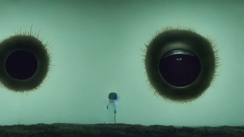 Image similar to the strange creature in my eye, film still from the movie directed by denis villeneuve and david cronenberg with art direction by salvador dali and zdzisław beksinski, wide lens